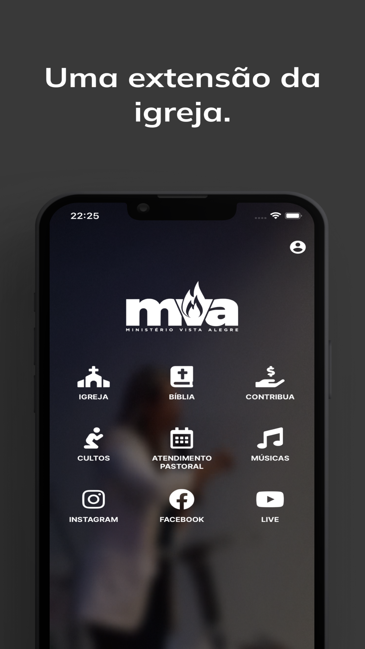 Tela inicial do app IEQ MVA com os atalhos da igreja