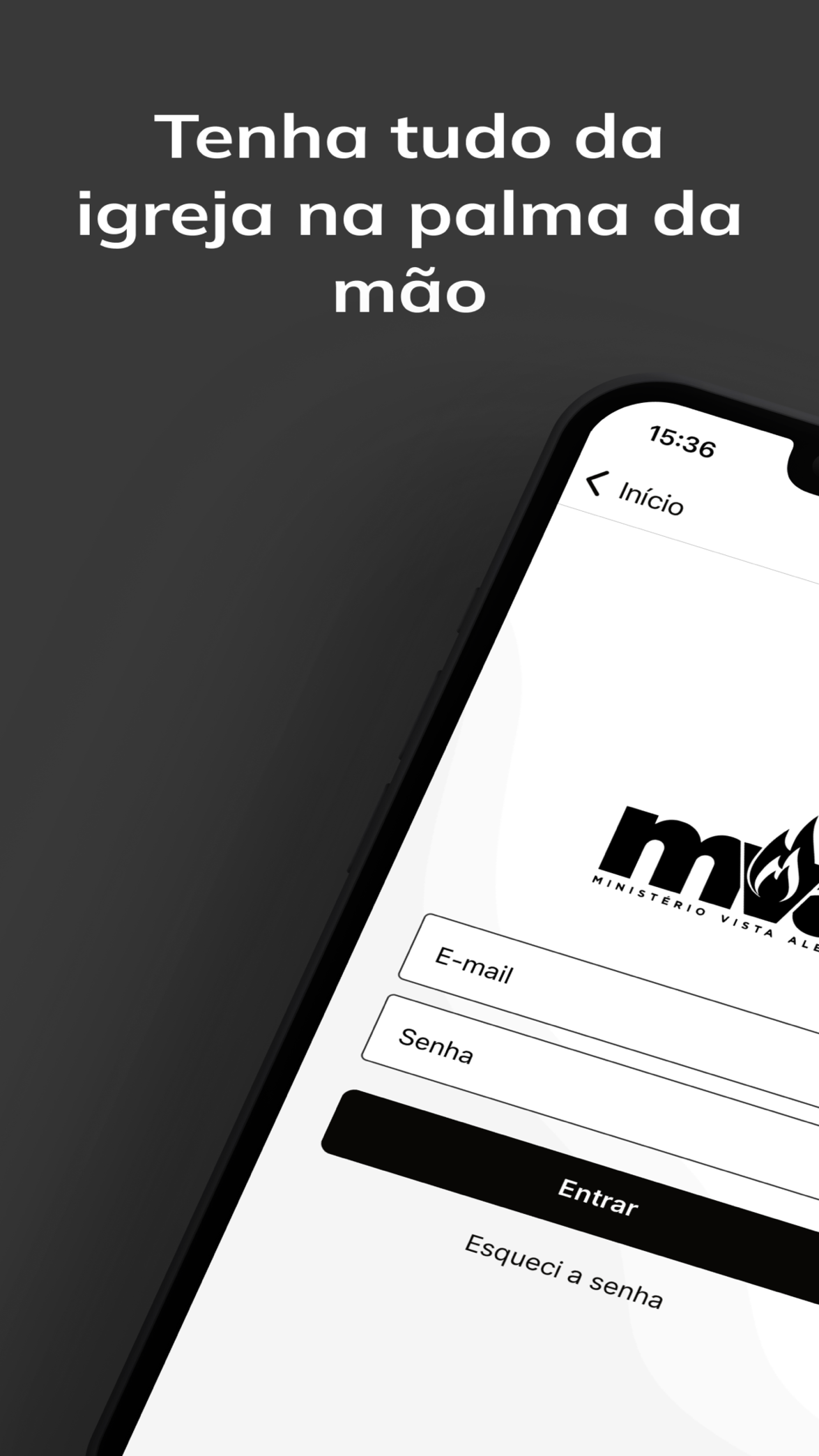 Tela de login do app com a identidade da igreja