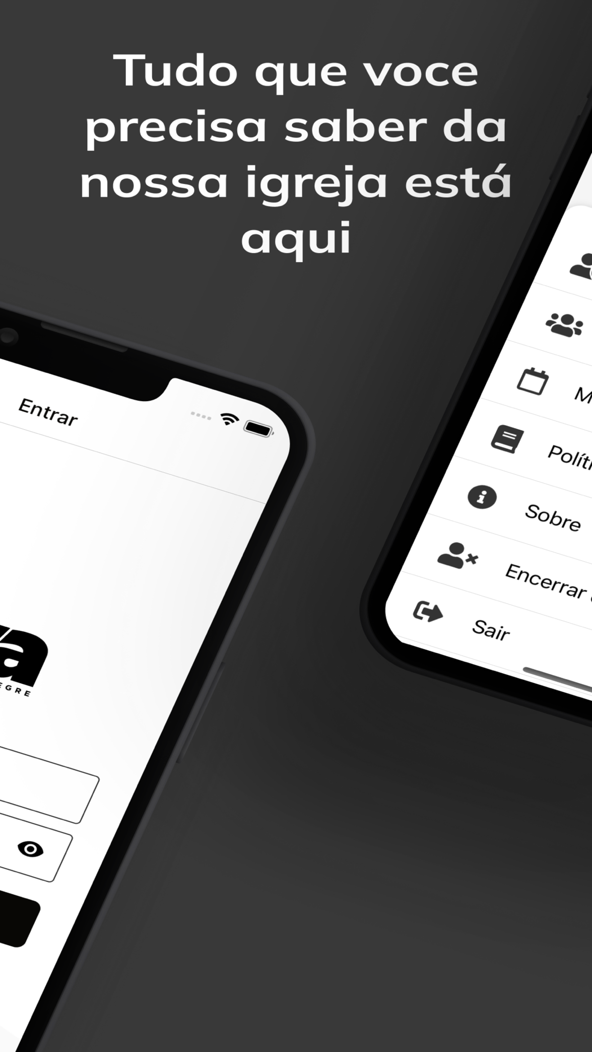 Menu do app com as áreas da igreja