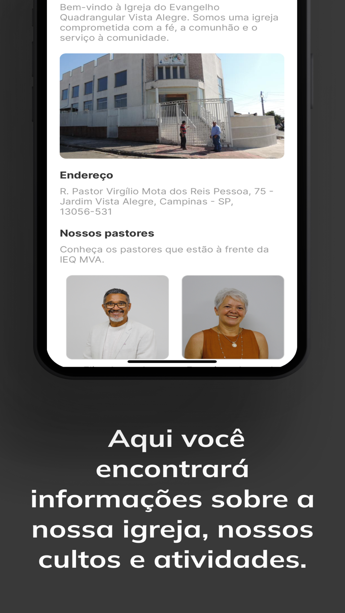 Informações da igreja, cultos e atividades no app