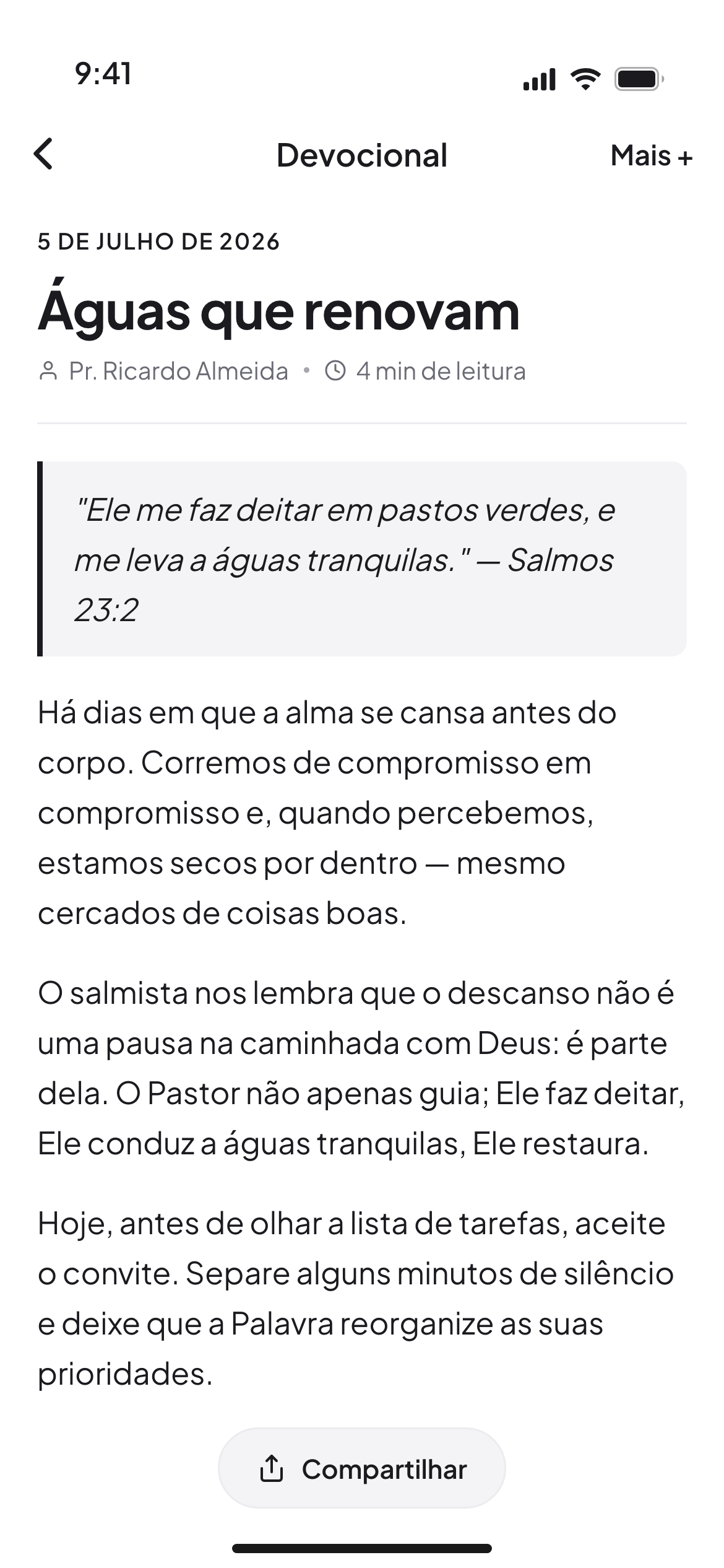 Tela de devocional com data, título, autor, tempo de leitura e texto da reflexão