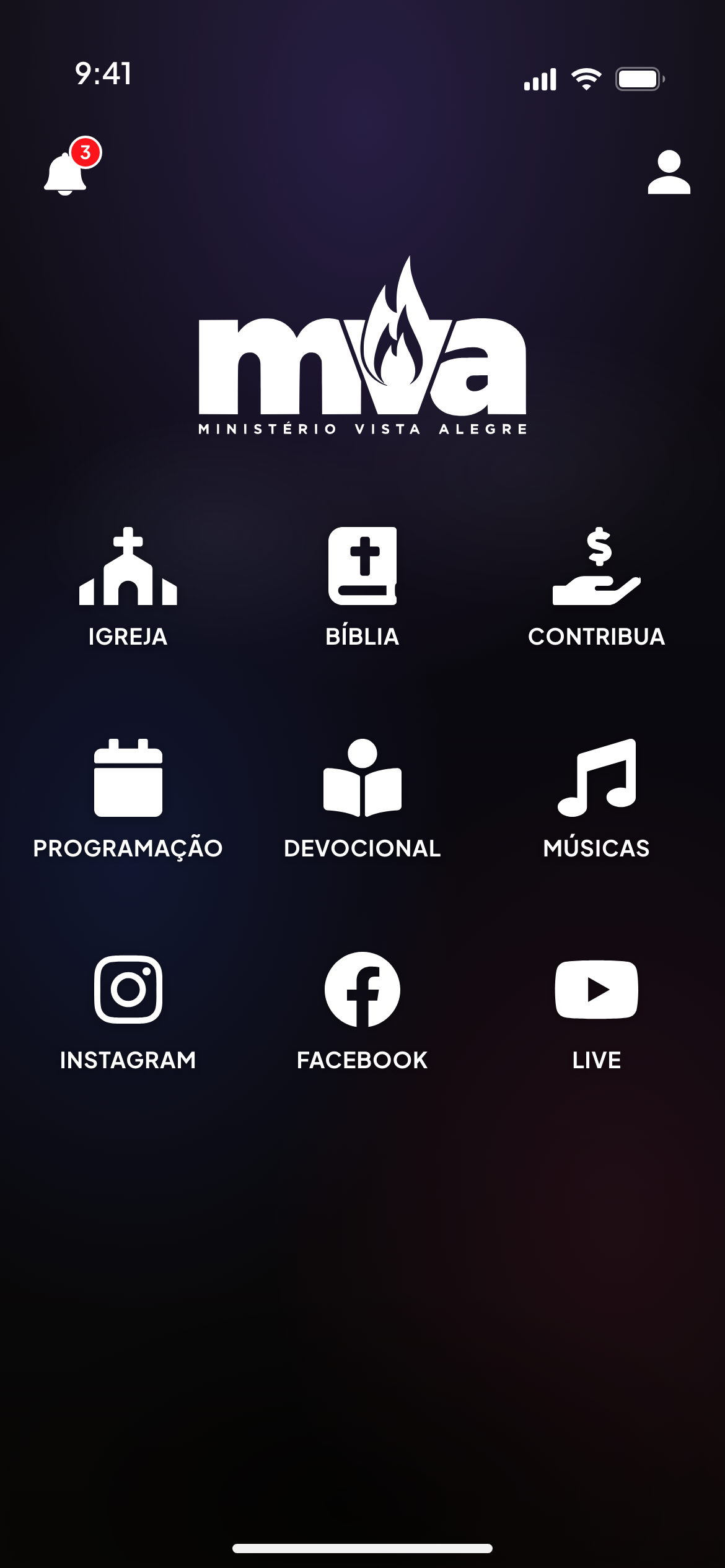 Tela inicial do app com o logo da igreja e atalhos para Igreja, Bíblia, Contribua, Programação, Devocional e redes sociais